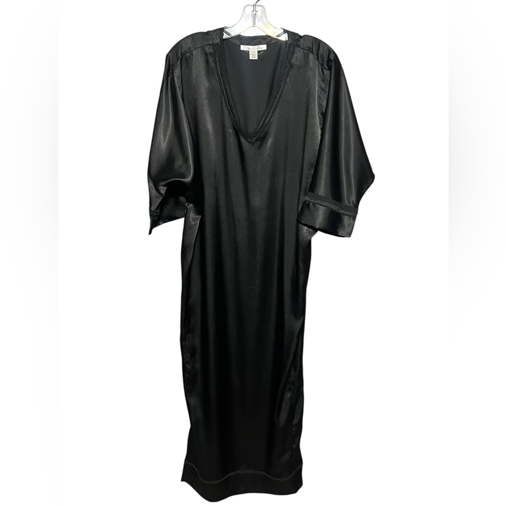 Oscar de la Renta Sleepwear Black Satin Nightgown/Lounge Dress V-Neck S/M